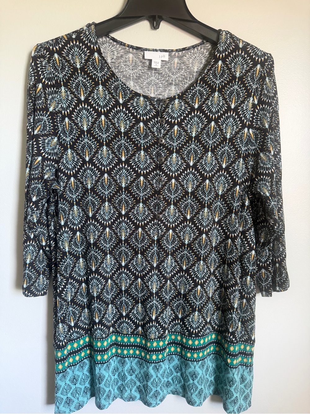 J Jill Black Geometric Print Scoop Neck Tunic with Teal Border size Medium